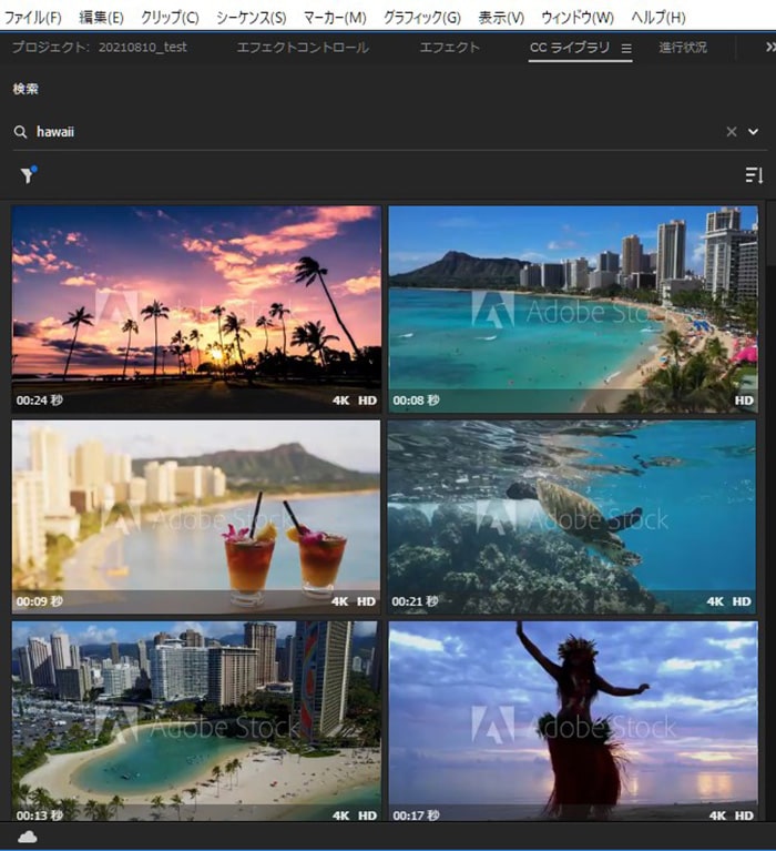 Adobe Stock Premiere Pro内で検索